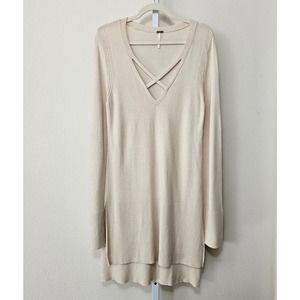 FREE PEOPLE Women's Criss Cross Pull-Over Cream Long Slit Tunic Sweater Sz L
